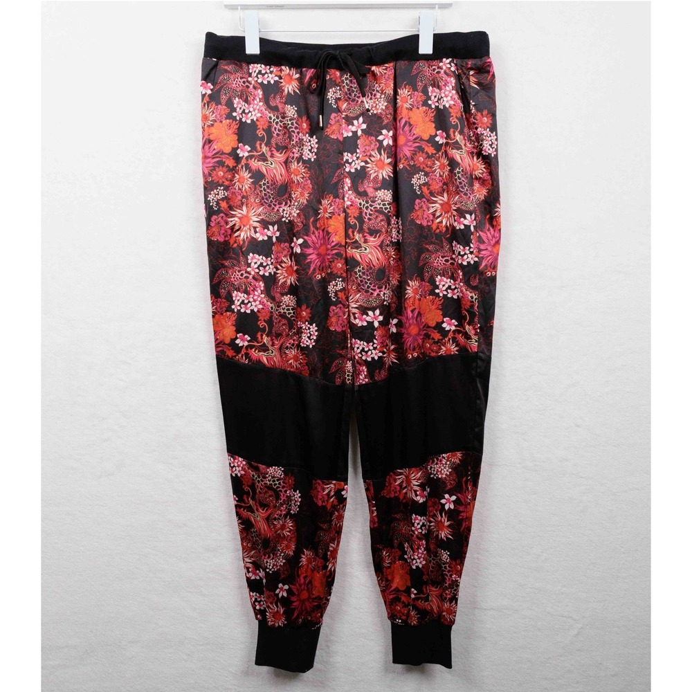 BEBE Chinese Dragon Floral‎ Satin Jogger Pants Y2K Indie Sleeze Sz XL